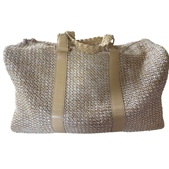 Urban Expressions Handbags - Urban Expressions Straw Weekender Bag Tan Woven Vegan Leather Travel Duffel Bag